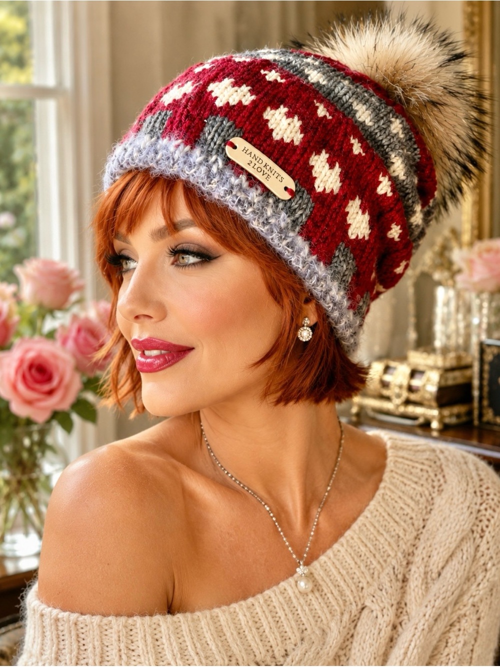Slouch Beanie Hat Designer “ Hand Knits 2 Love”  Heart Fairisle Faux Fur Pom Pom